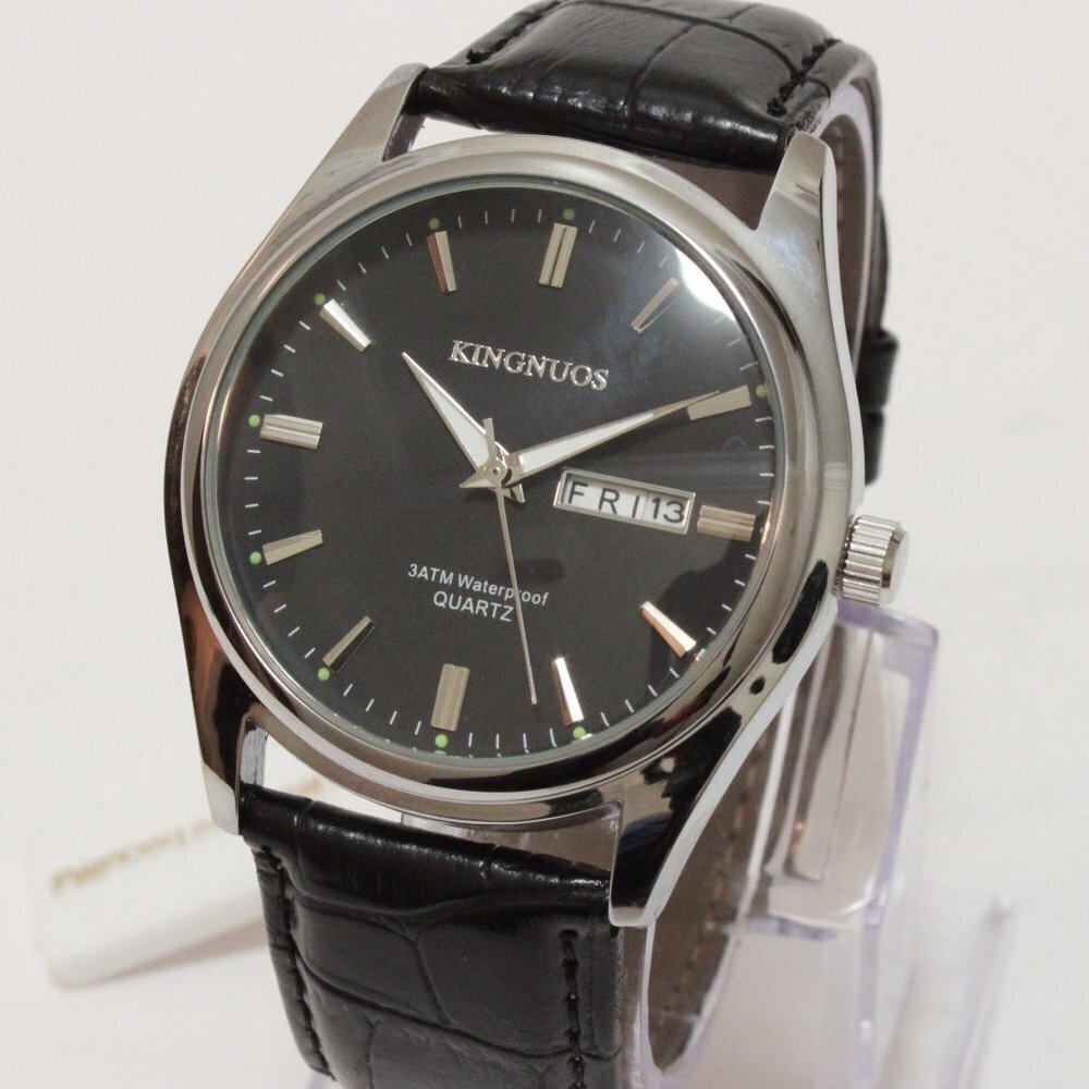 Men's Contemporary Dress Watch Silver Case Black Leather Watch Strap 40mm - Picture 7 of 13